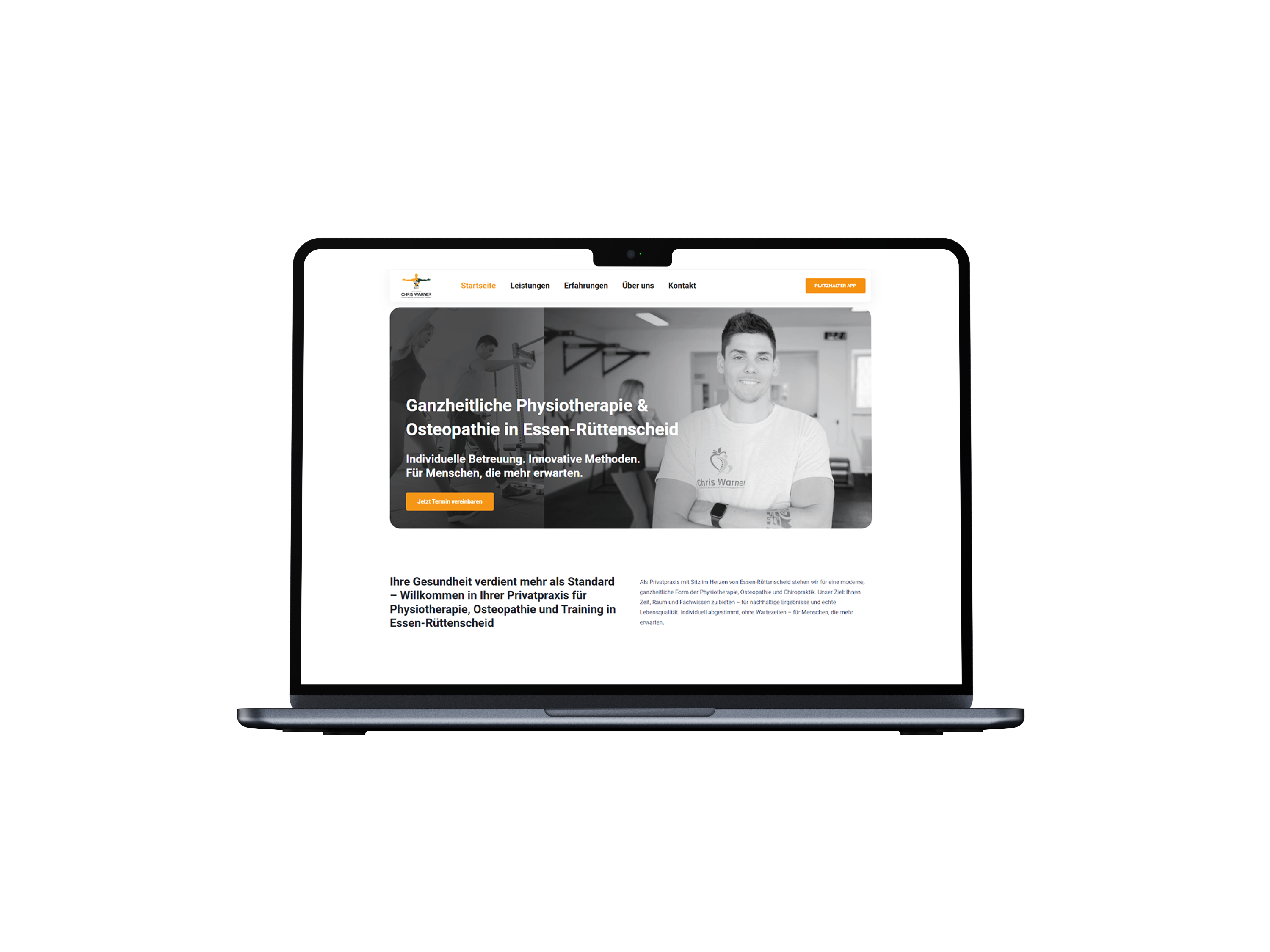 Laptop-Mockup der neu gestalteten Website von Chris Warner Physiotherapie